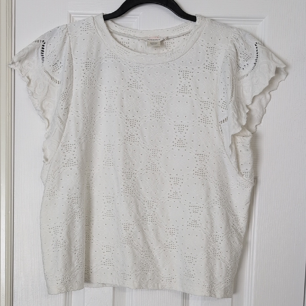 White Ruffled Flutter Sleeve Scoop Neck Blouse